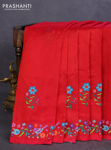 Silk cotton saree maroon with embroidery buttas and embroidery work border