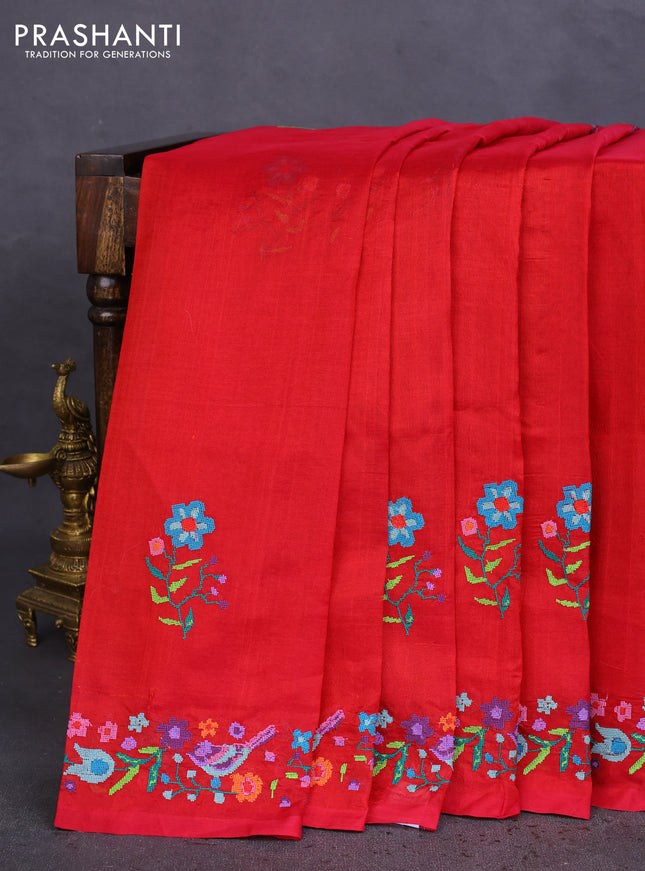 Silk cotton saree maroon with embroidery buttas and embroidery work border