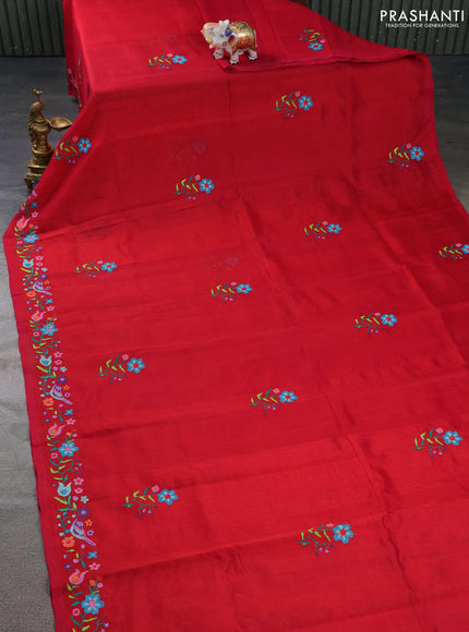 Silk cotton saree maroon with embroidery buttas and embroidery work border
