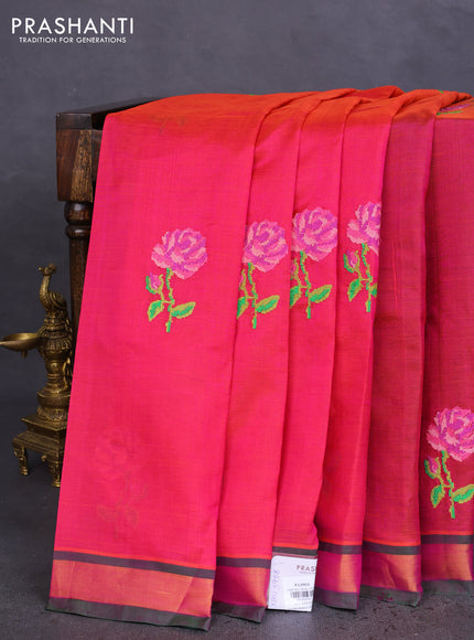 Silk cotton saree dual shade of pinkish orange with embroidery buttas and embroidery work border