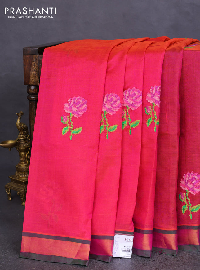 Silk cotton saree dual shade of pinkish orange with embroidery buttas and embroidery work border