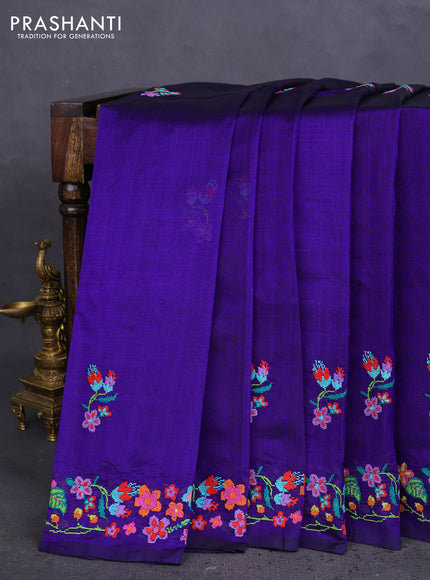 Silk cotton saree blue with embroidery buttas and embroidery work border