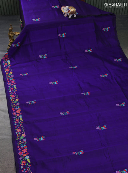 Silk cotton saree blue with embroidery buttas and embroidery work border