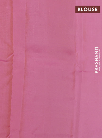 Kanchipuram silk saree dual shade of teal blue and light pink with allover copper zari weaves and simple border