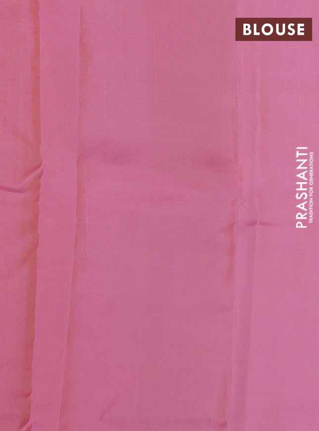 Kanchipuram silk saree dual shade of teal blue and light pink with allover copper zari weaves and simple border