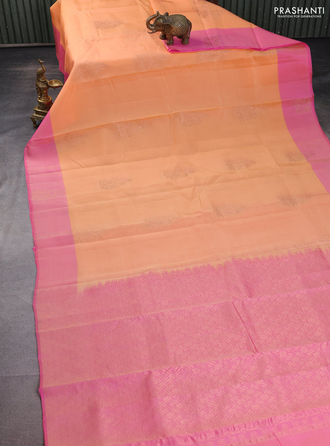 Kanchipuram silk saree sandal and dual shade of pink with copper zari woven buttas and copper zari woven butta border
