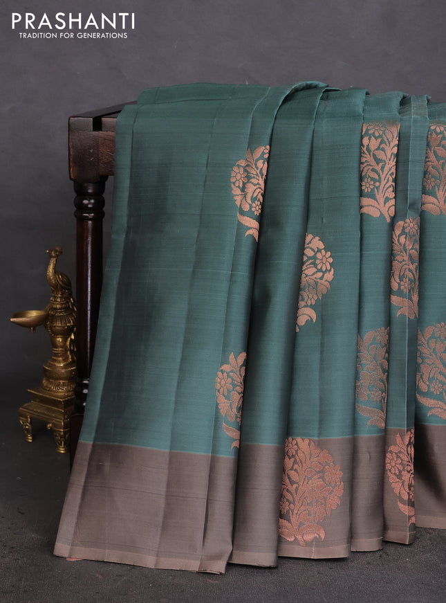 Kanchipuram silk saree pastel green and grey shade with copper zari woven buttas and copper zari woven butta border