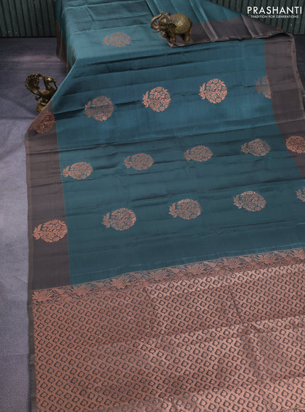 Kanchipuram silk saree pastel green and grey shade with copper zari woven buttas and copper zari woven butta border