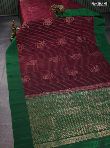 Kanchipuram silk saree dark magenat pink and green with allover copper zari weaves and simple border