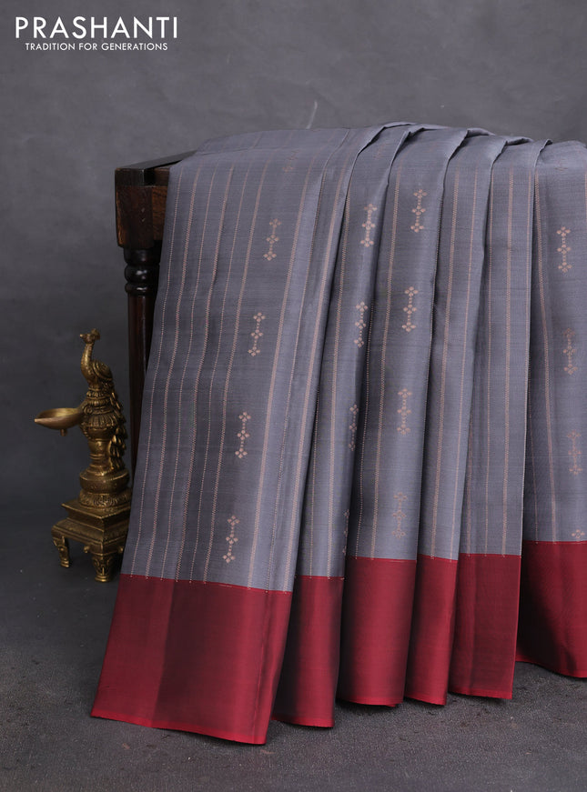 Kanchipuram silk saree grey and maroon with allover copper zari weaves and simple border