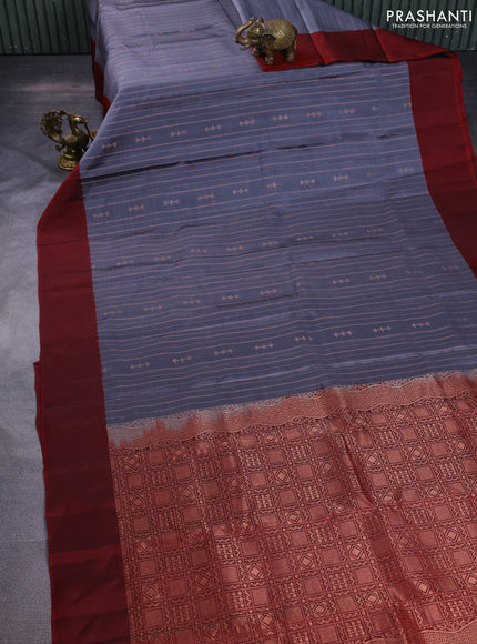Kanchipuram silk saree grey and maroon with allover copper zari weaves and simple border