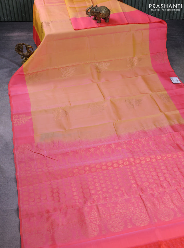 Kanchipuram silk saree dual shade of yellow and peach pink with copper zari woven buttas and copper zari woven butta border