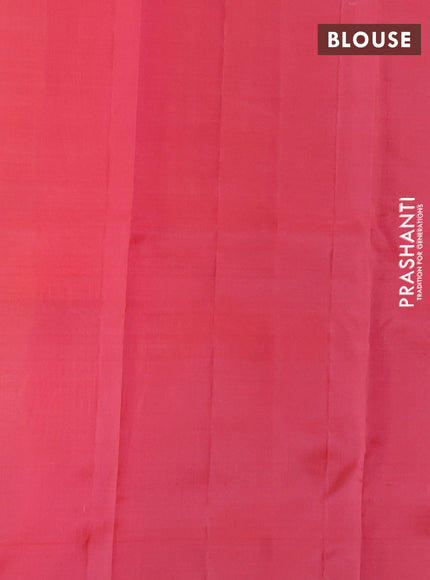 Kanchipuram silk saree dual shade of yellow and peach pink with copper zari woven buttas and copper zari woven butta border