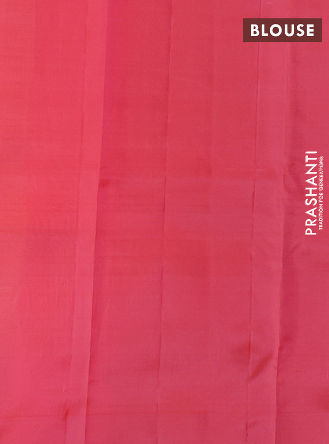 Kanchipuram silk saree dual shade of yellow and peach pink with copper zari woven buttas and copper zari woven butta border