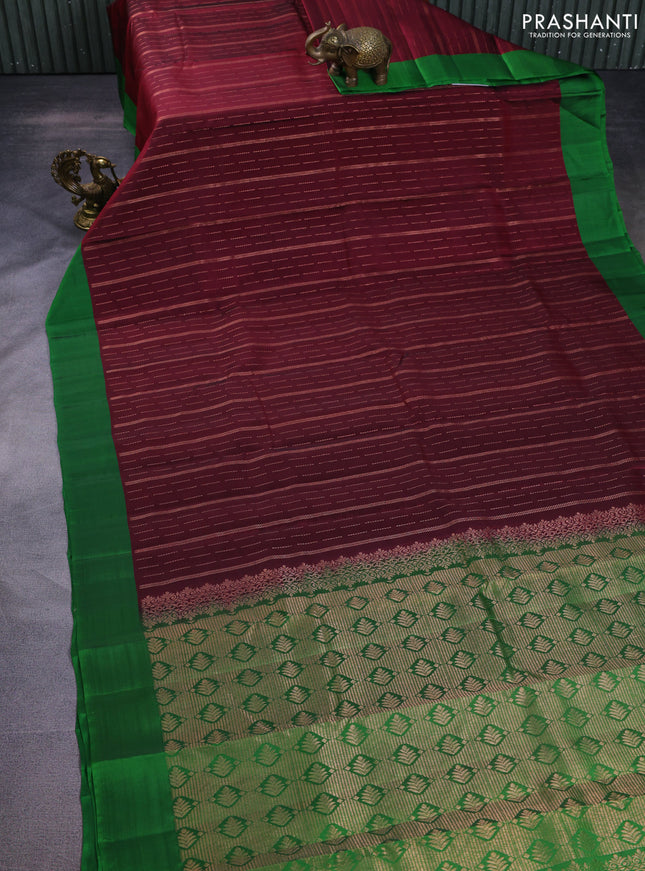 Kanchipuram silk saree maroon and green with allover copper zari weaves and simple border