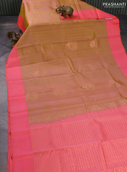 Kanchipuram silk saree dual shade of dark mustard and peach pink with allover copper zari weaves and simple border
