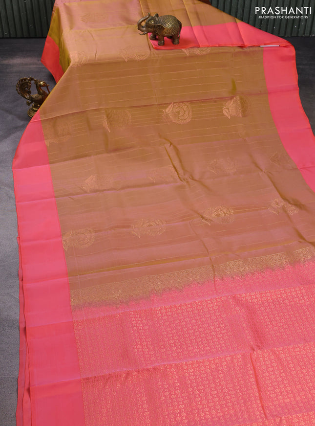 Kanchipuram silk saree dual shade of dark mustard and peach pink with allover copper zari weaves and simple border