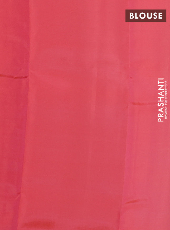 Kanchipuram silk saree dual shade of dark mustard and peach pink with allover copper zari weaves and simple border