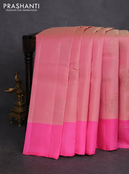 Kanchipuram silk saree mild peach pink and pink with copper zari woven geometric buttas and copper zari woven butta border