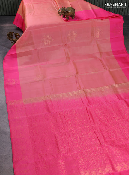Kanchipuram silk saree mild peach pink and pink with copper zari woven geometric buttas and copper zari woven butta border