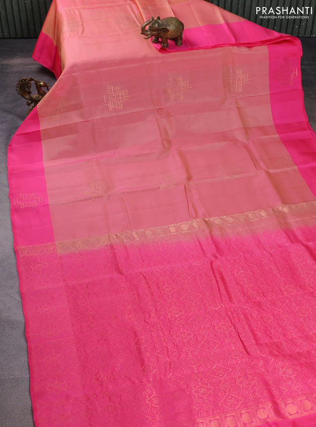Kanchipuram silk saree mild peach pink and pink with copper zari woven geometric buttas and copper zari woven butta border