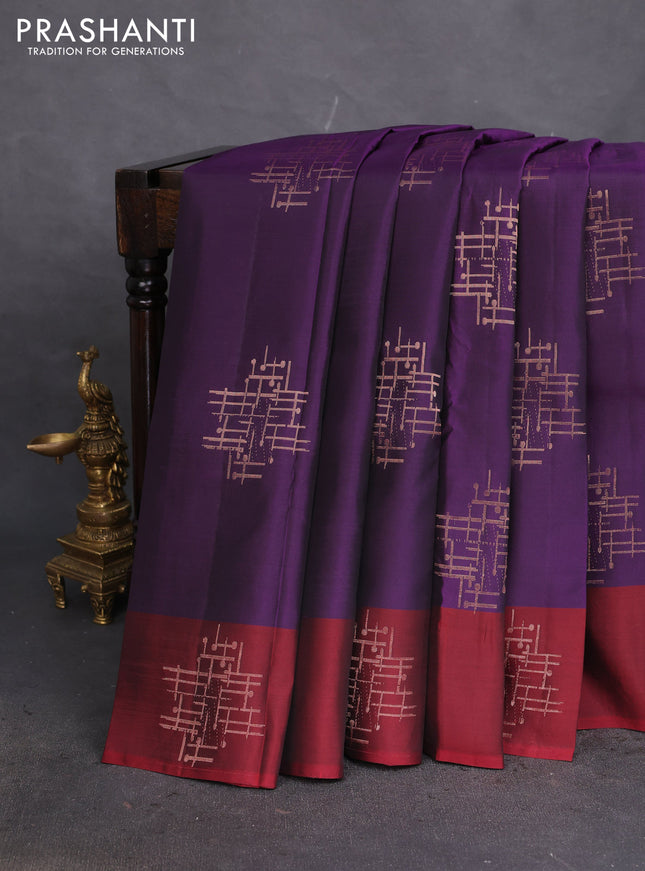 Kanchipuram silk saree purple and deep maroon with copper zari woven geometric buttas and copper zari woven butta border