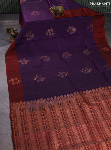 Kanchipuram silk saree purple and deep maroon with copper zari woven geometric buttas and copper zari woven butta border