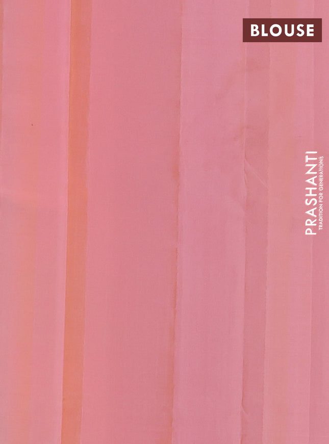 Kanchipuram silk saree teal green shade and peah pink with allover copper zari weaves and simple border