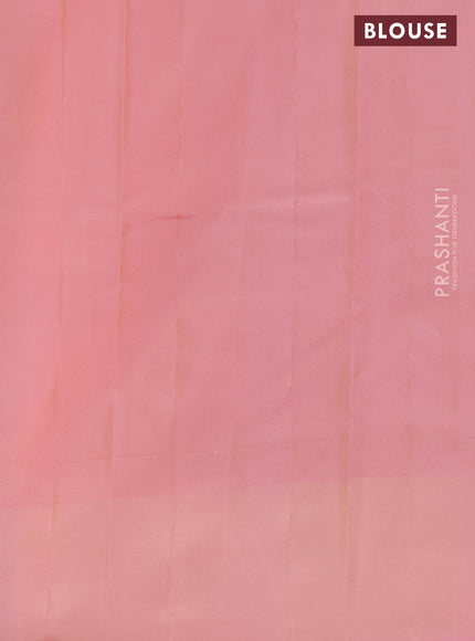 Kanchipuram silk saree pista green and peach pink with allover copper zari weaves and simple border