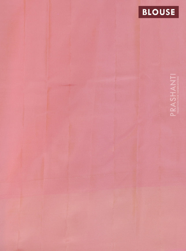 Kanchipuram silk saree pista green and peach pink with allover copper zari weaves and simple border