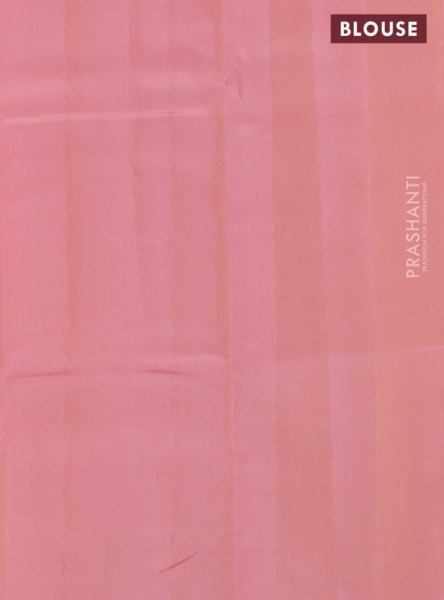 Kanchipuram silk saree dual shade of peach and pieach pink with allover copper zari weaves and simple border