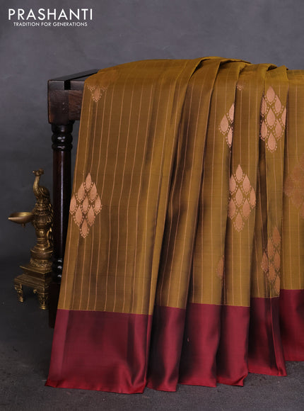 Kanchipuram silk saree dark mehendi green and maroon with allover zari weaves and simple border