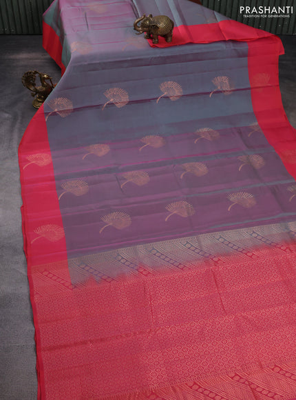 Kanchipuram silk saree dual shade of teal bluish pink and pink with copper zari woven buttas and copper zari woven butta border