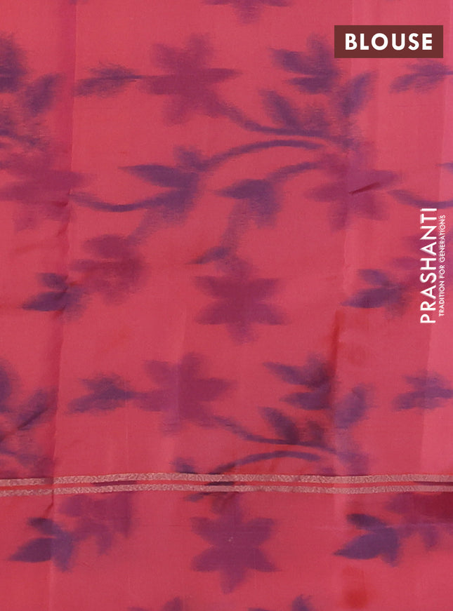 Kanchipuram silk saree pastel peach and peach orange with allover copper zari weaves and zari woven ikat style border