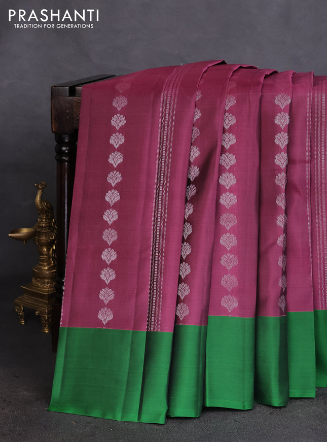 Kanchipuram silk saree dark magenta pink and green with allover silver zari weaves & buttas and simple border