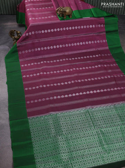 Kanchipuram silk saree dark magenta pink and green with allover silver zari weaves & buttas and simple border