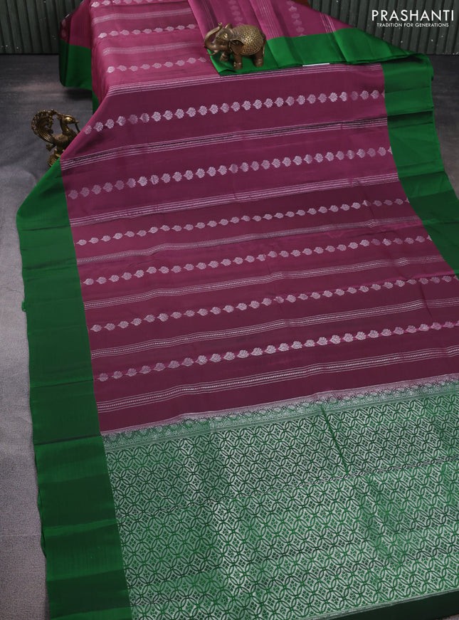 Kanchipuram silk saree dark magenta pink and green with allover silver zari weaves & buttas and simple border