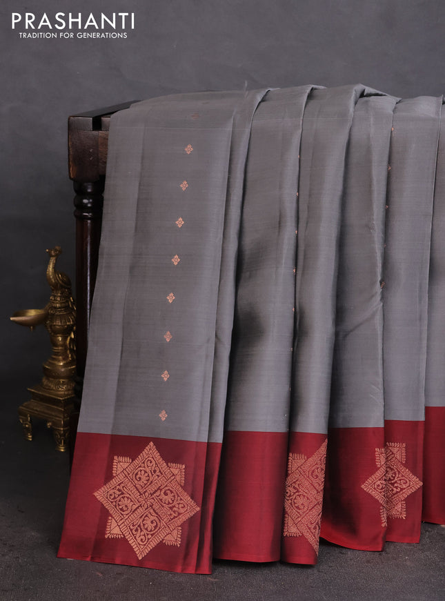 Kanchipuram silk saree grey and maroon with allover copper zari woven buttas in borderless style
