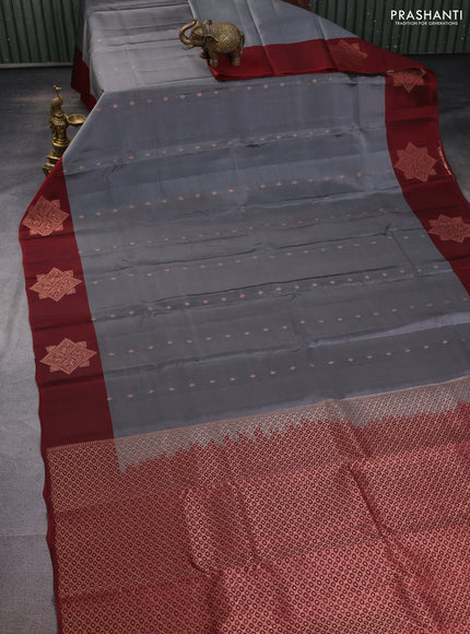 Kanchipuram silk saree grey and maroon with allover copper zari woven buttas in borderless style