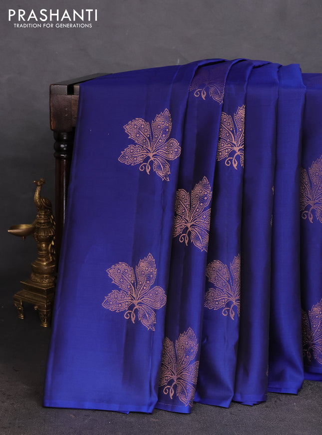 Kanchipuram silk saree blue and grey with copper zari woven buttas in borderless style