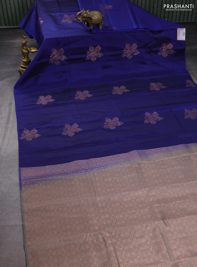 Kanchipuram silk saree blue and grey with copper zari woven buttas in borderless style