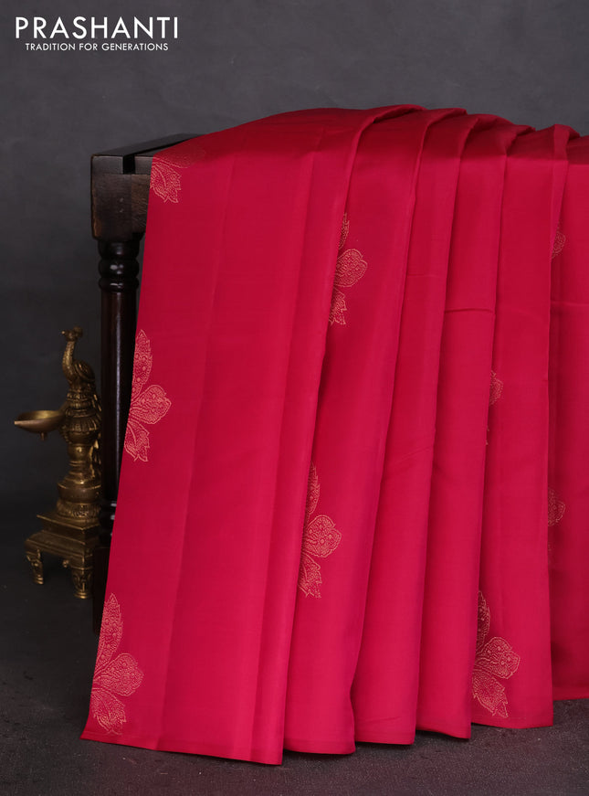 Kanchipuram silk saree dark pink and grey with copper zari woven buttas in borderless style