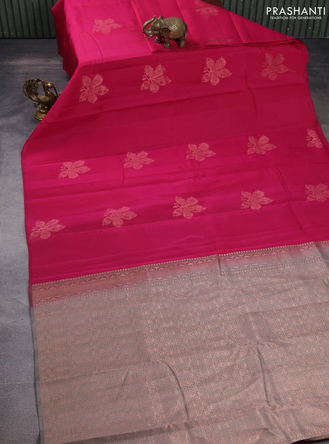 Kanchipuram silk saree dark pink and grey with copper zari woven buttas in borderless style