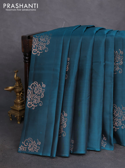 Kanchipuram silk saree peacock blue and mustard yellow with copper zari woven buttas in borderless style