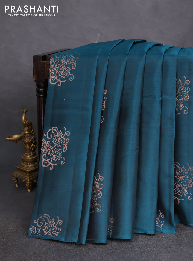 Kanchipuram silk saree peacock blue and mustard yellow with copper zari woven buttas in borderless style
