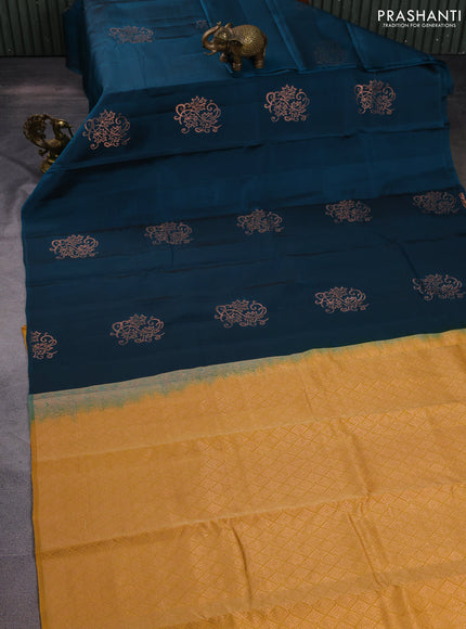 Kanchipuram silk saree peacock blue and mustard yellow with copper zari woven buttas in borderless style