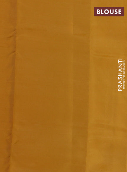 Kanchipuram silk saree peacock blue and mustard yellow with copper zari woven buttas in borderless style