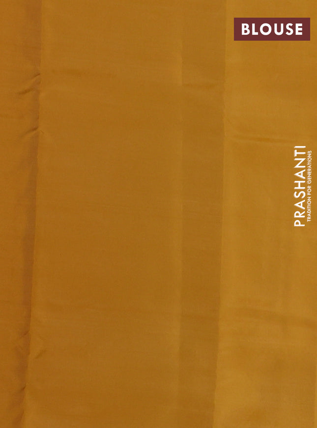 Kanchipuram silk saree peacock blue and mustard yellow with copper zari woven buttas in borderless style