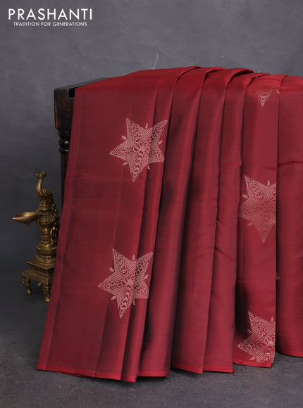 Kanchipuram silk saree maroon and dark mustard yellow with copper zari woven buttas in borderless style