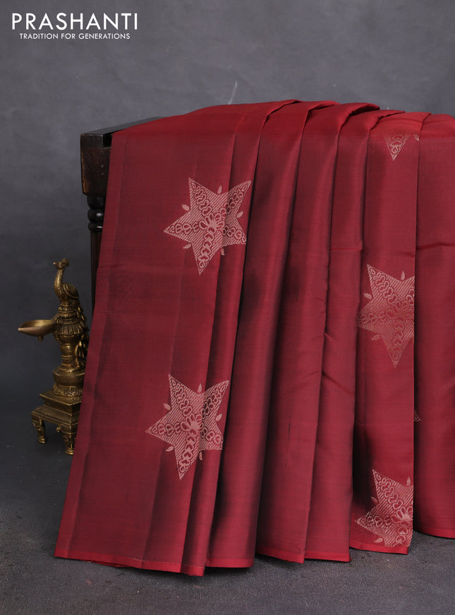 Kanchipuram silk saree maroon and dark mustard yellow with copper zari woven buttas in borderless style